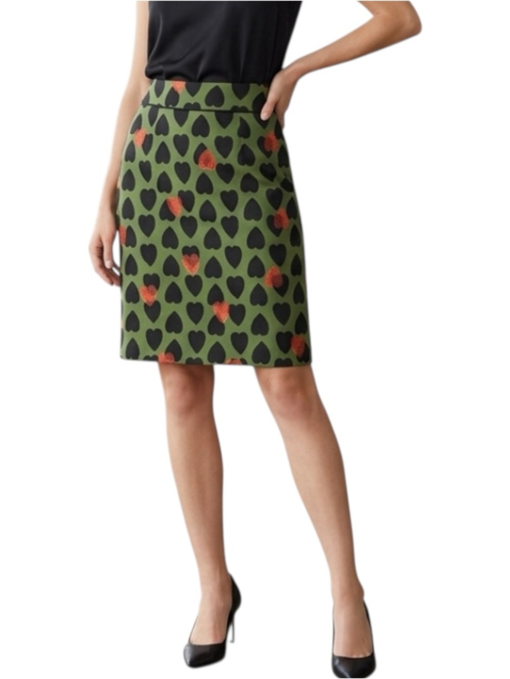 Maeve Anthropologie Green Heart Print Pencil Skirt Size 10 Cotton Stretch Knee
